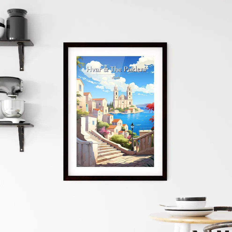 Hvar & The Pakleni Islands, Croatia - Art print of a stairway leading to a town with a church and water Custom Print