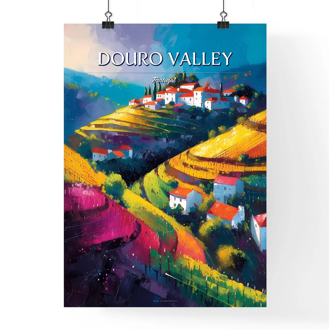 Douro Valley, Portugal - Art print of a painting of a village on a hillside Poster