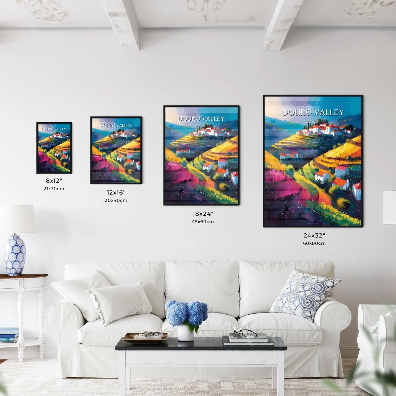 Douro Valley, Portugal - Art print of a painting of a village on a hillside Size Chart