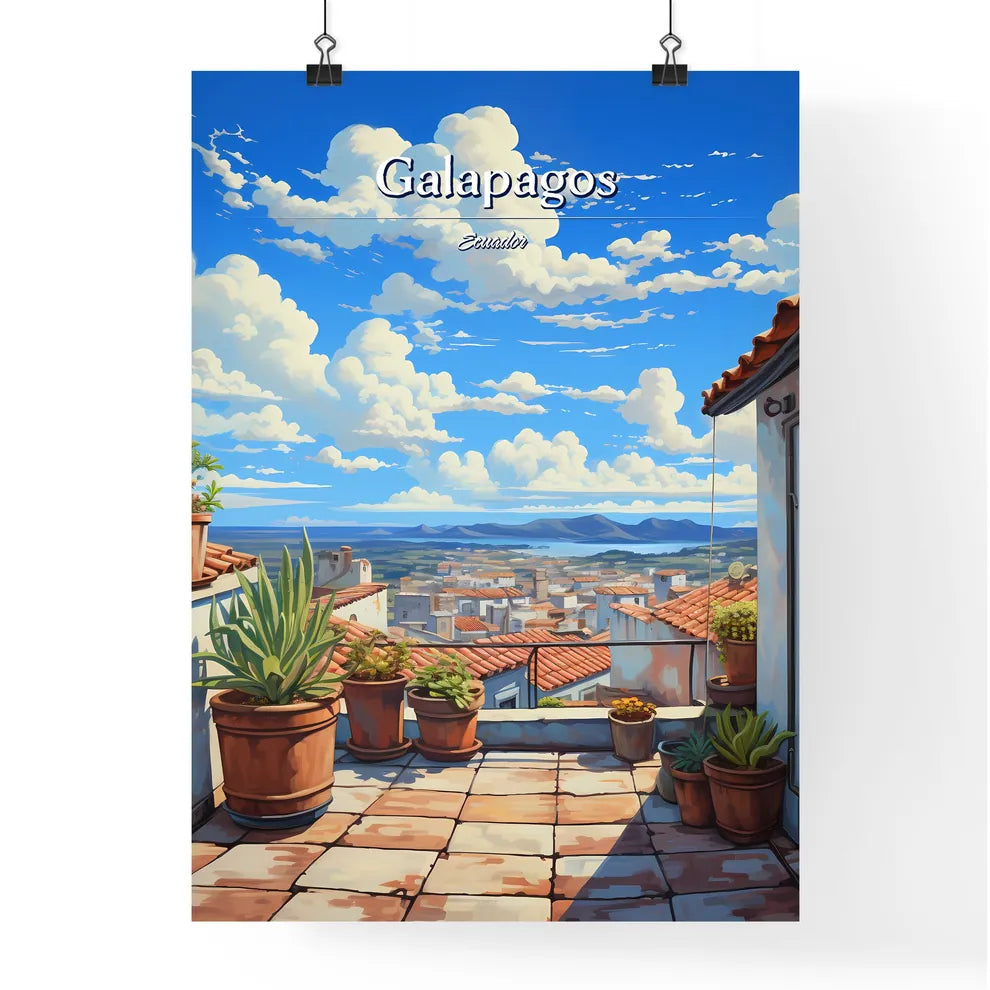 On the roofs of Galapagos, Ecuador - Art print of a rooftop with potted plants and a city in the background Poster