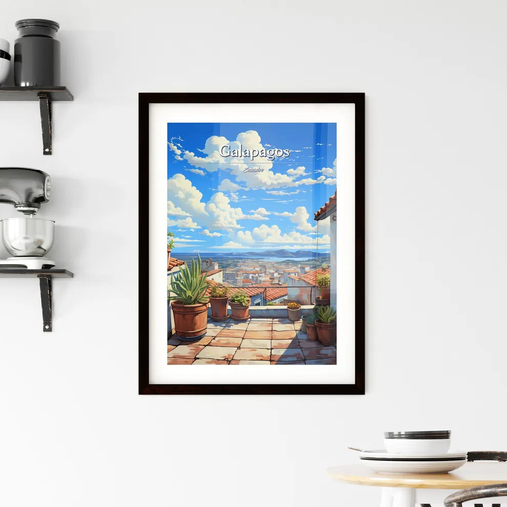 On the roofs of Galapagos, Ecuador - Art print of a rooftop with potted plants and a city in the background Custom Print