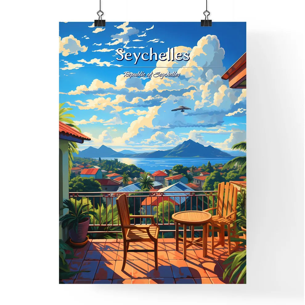 On the roofs of Seychelles, Republic of Seychelles - Art print of a balcony with chairs and a view of a city and mountains Poster