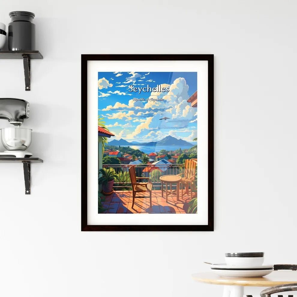 On the roofs of Seychelles, Republic of Seychelles - Art print of a balcony with chairs and a view of a city and mountains Custom Print