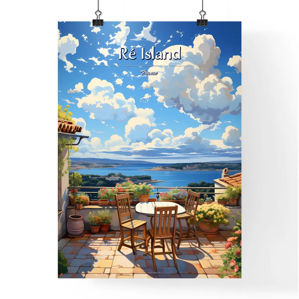 On the roofs of Ré Island, France - Art print of a table and chairs on a balcony overlooking a body of water Poster