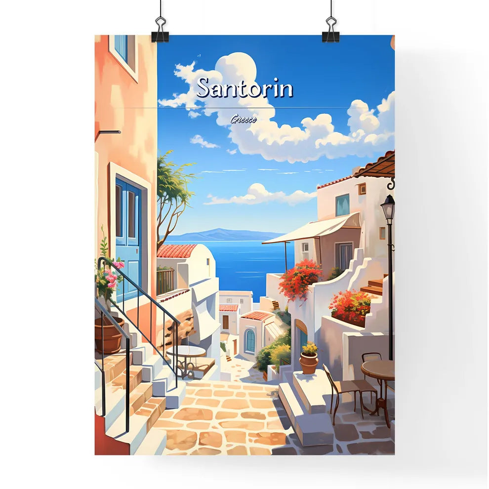 Santorin, Greece - Art print of a street with stairs and tables and chairs and a view of the ocean Poster