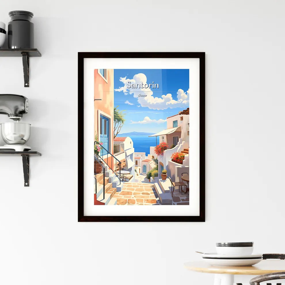 Santorin, Greece - Art print of a street with stairs and tables and chairs and a view of the ocean Custom Print