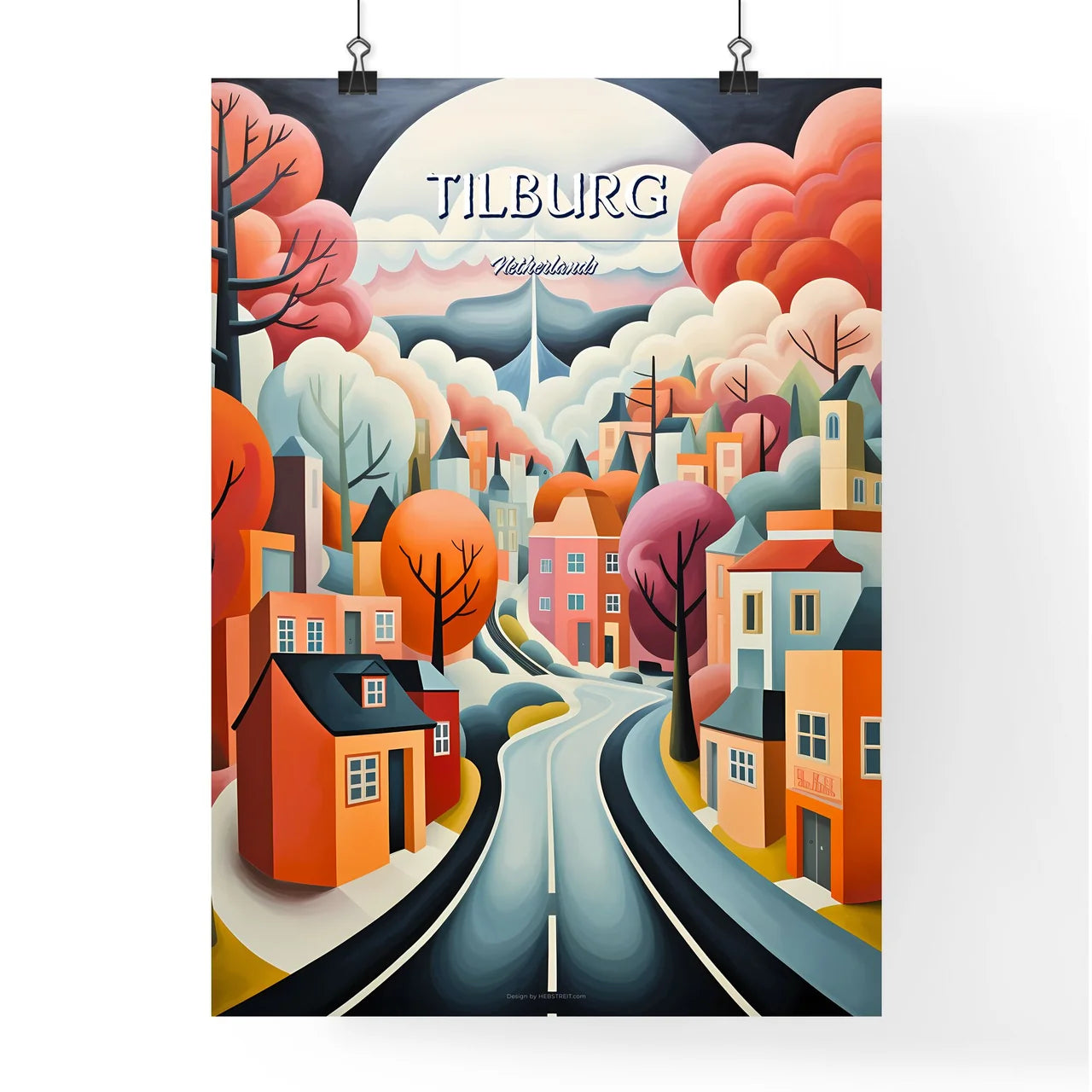 Tilburg, Netherlands - Art print of a painting of a road leading to a town Poster