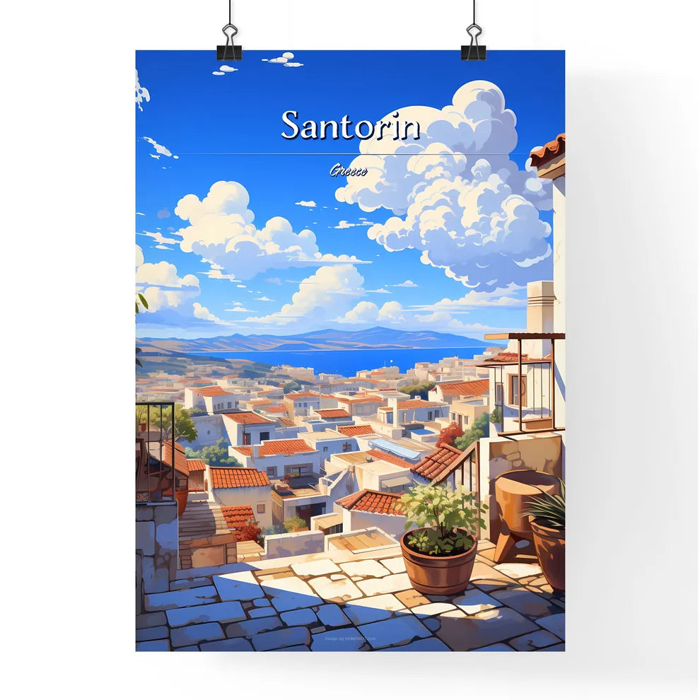 On the roofs of Santorin, Greece - Art print of a view of a city from a balcony Poster