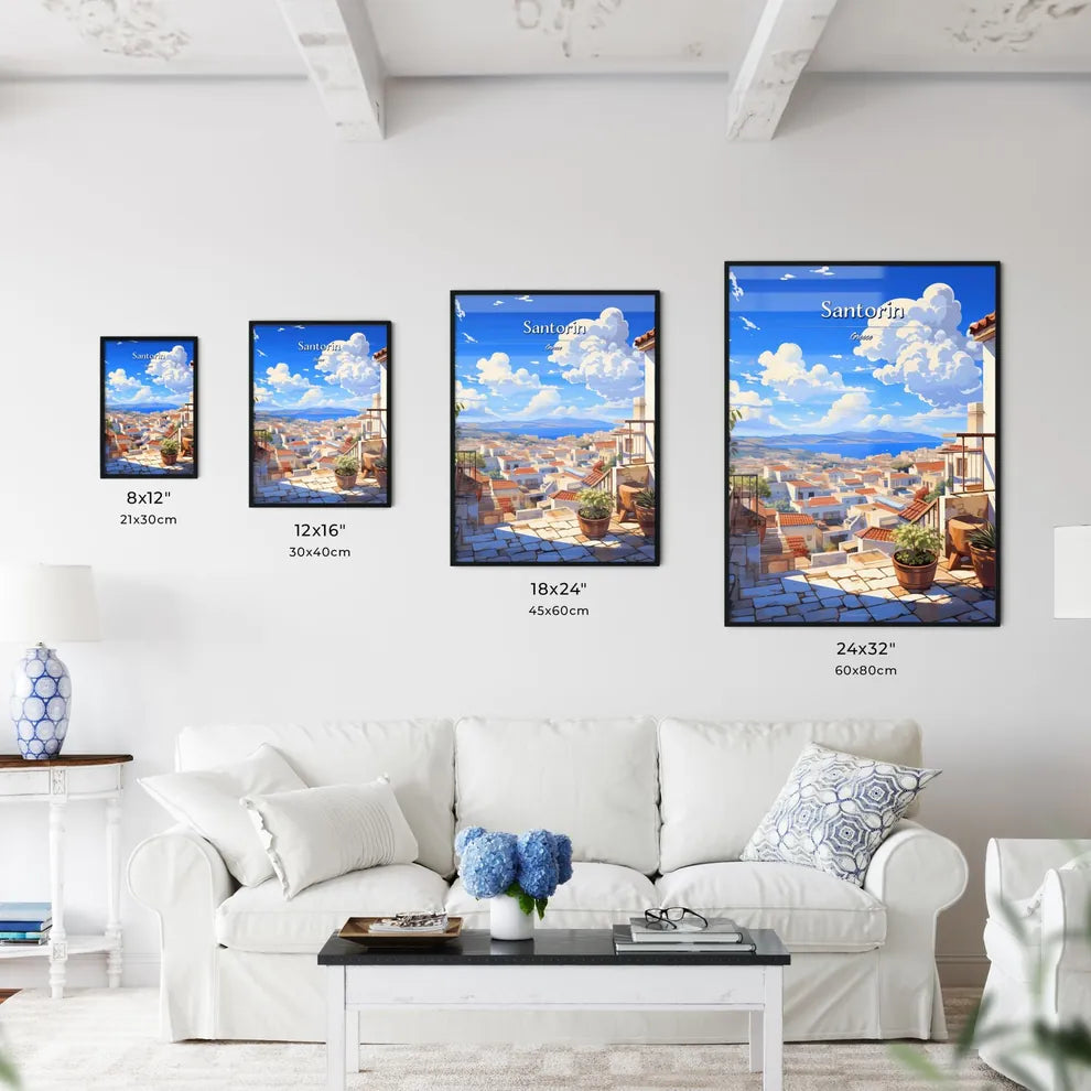 On the roofs of Santorin, Greece - Art print of a view of a city from a balcony Size Chart