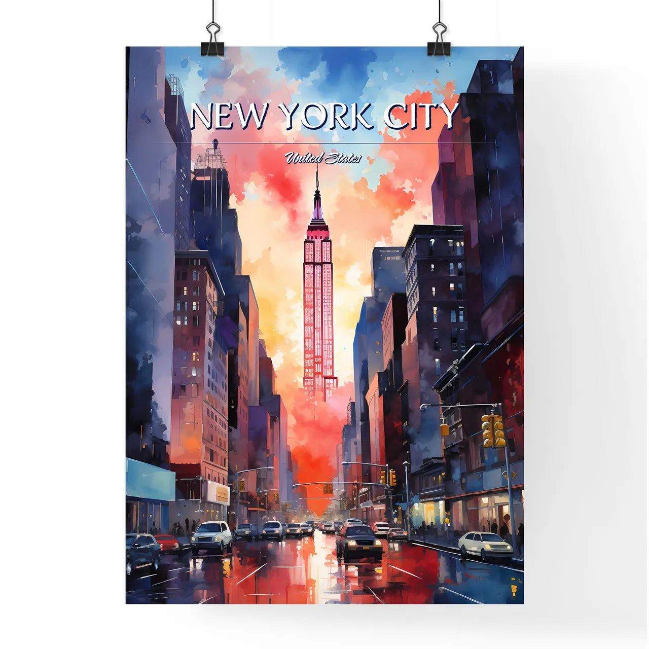 New York City - Art print of a city street with cars and a tall tower Poster