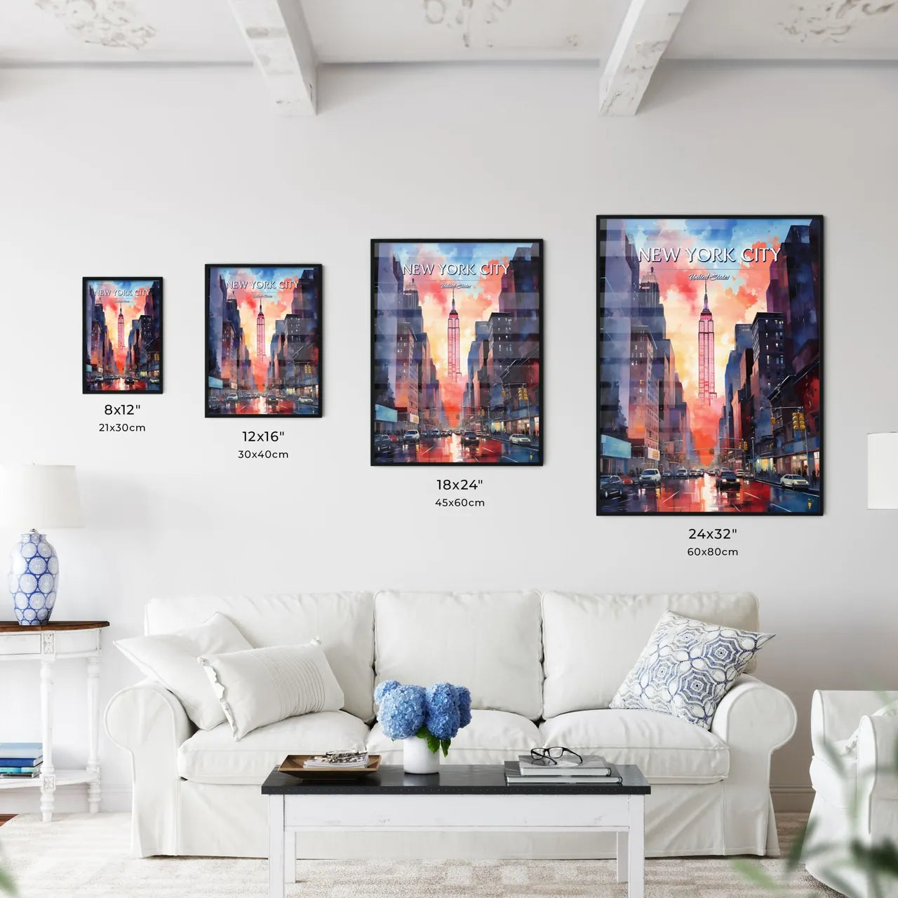 New York City - Art print of a city street with cars and a tall tower Size Chart