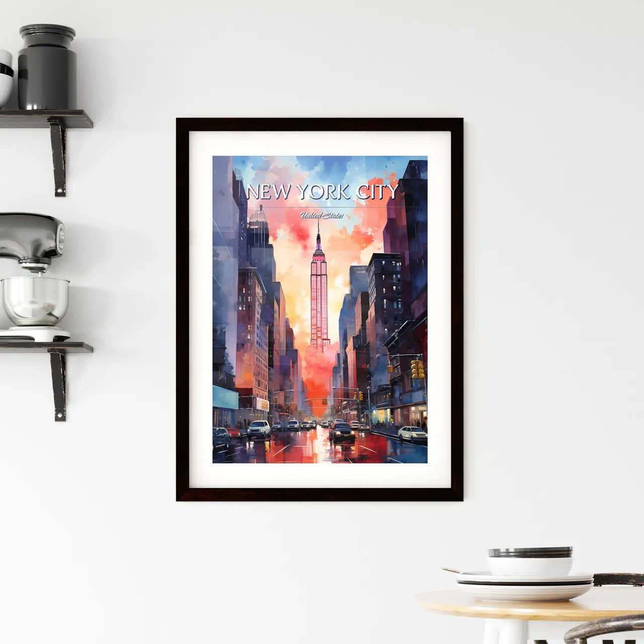 New York City - Art print of a city street with cars and a tall tower Custom Print