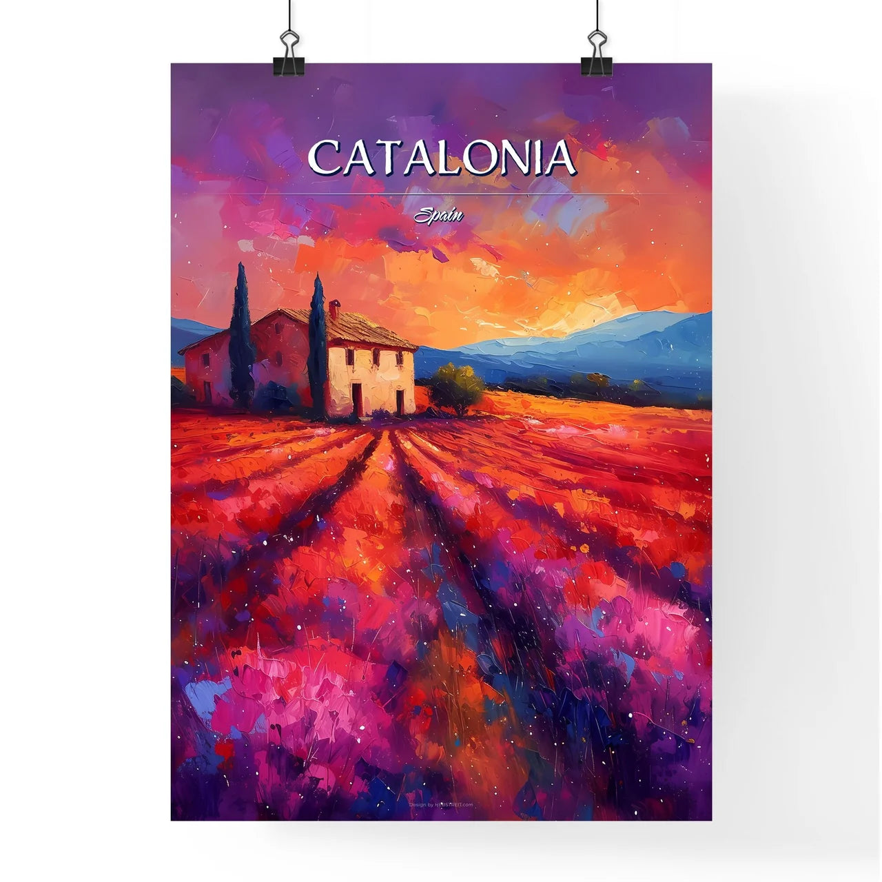 Catalonia, Spain - Art print of a painting of a house in a field of flowers Poster