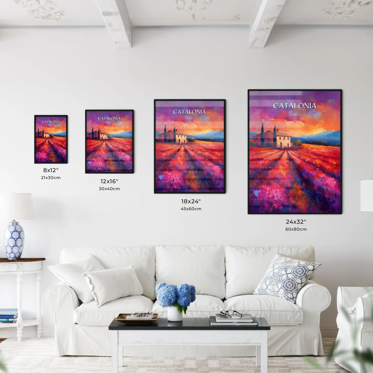Catalonia, Spain - Art print of a painting of a house in a field of flowers Size Chart