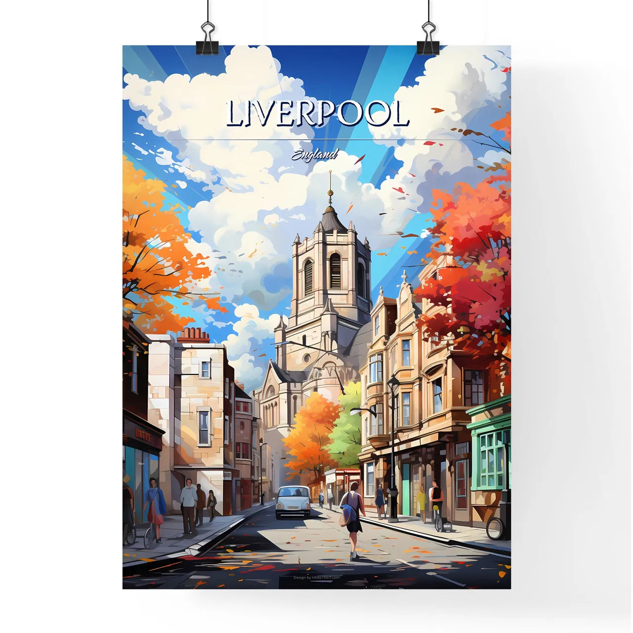Liverpool - Art print of a street with buildings and people walking on it Poster