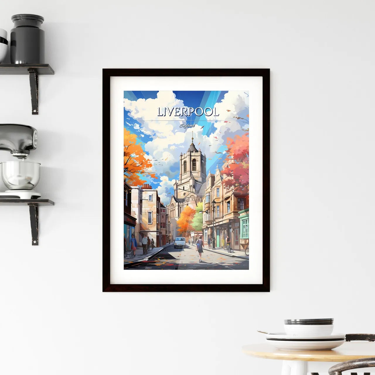 Liverpool - Art print of a street with buildings and people walking on it Custom Print