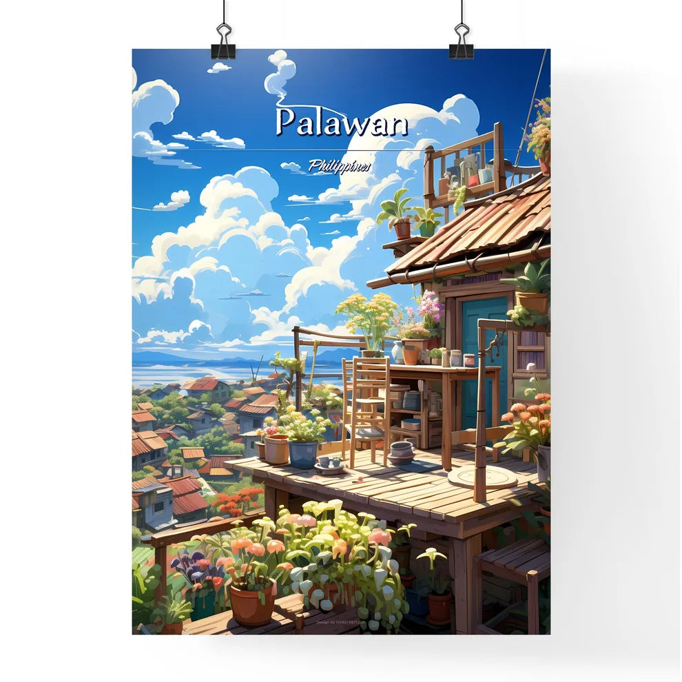 On the roofs of Palawan, Philippines - Art print of a house with flowers and plants on the roof Poster