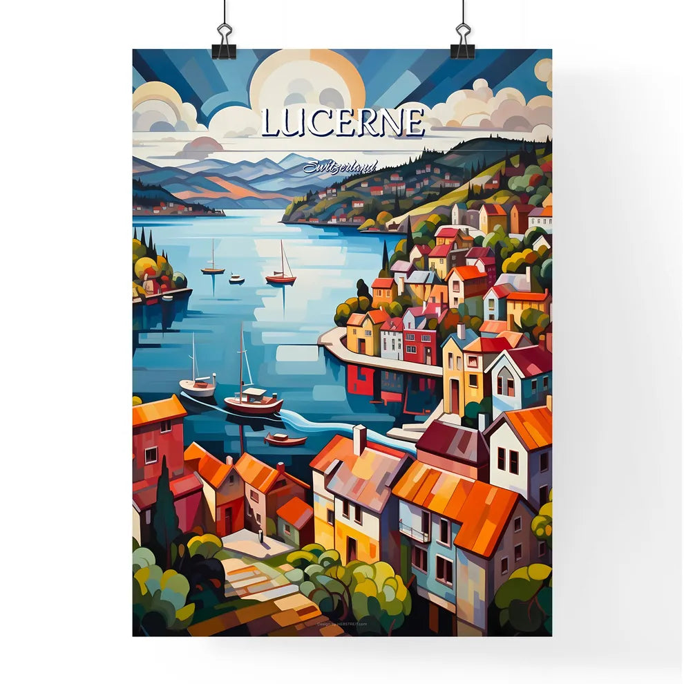 Lucerne, Switzerland - Art print of a painting of a town on a river Poster