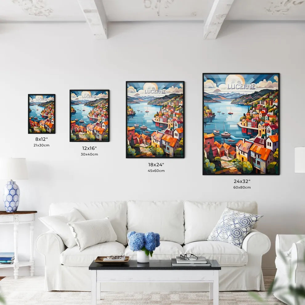 Lucerne, Switzerland - Art print of a painting of a town on a river Size Chart