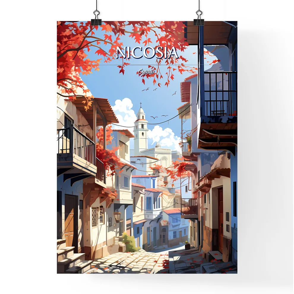Nicosia, Cyprus - Art print of a street with buildings and trees Poster