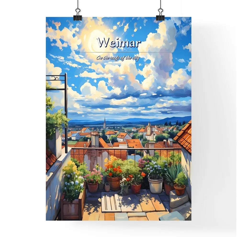 On the roofs of Weimar - Art print of a rooftop garden with plants and a view of a town Poster
