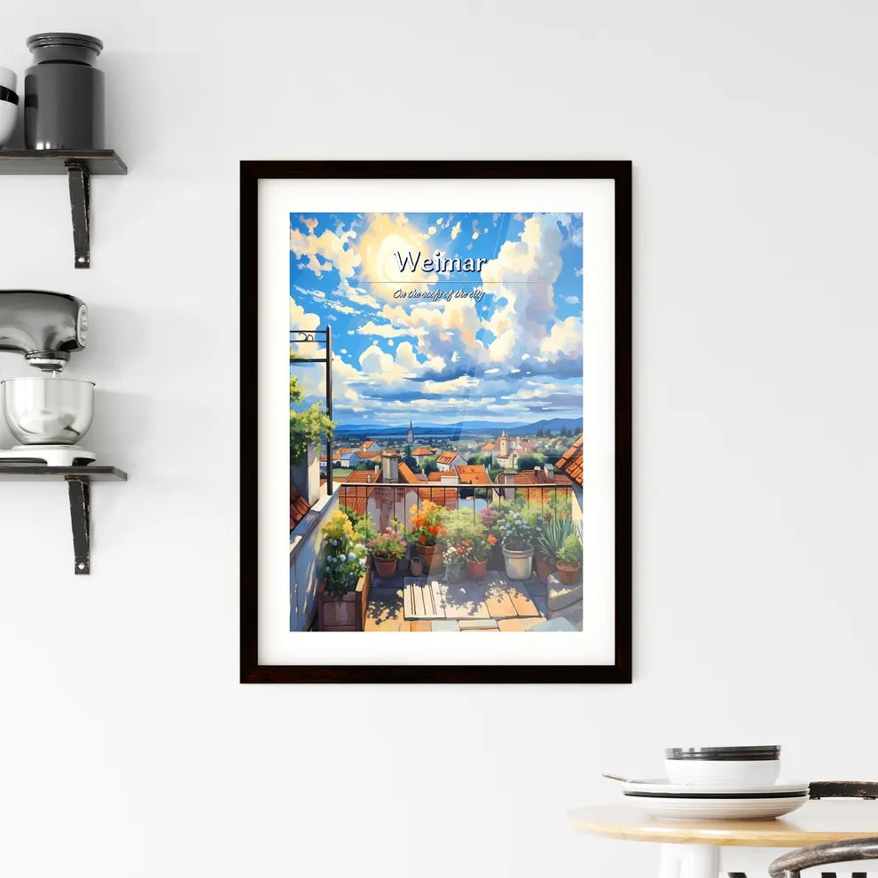On the roofs of Weimar - Art print of a rooftop garden with plants and a view of a town Custom Print