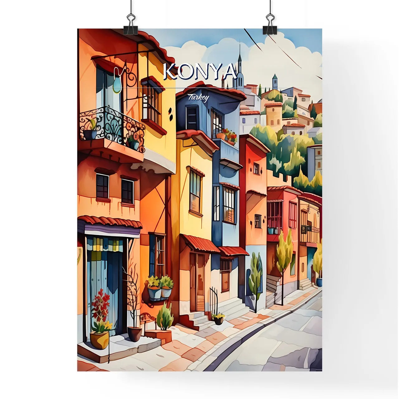 Konya, Turkey - Art print of a painting of a street with colorful buildings Poster