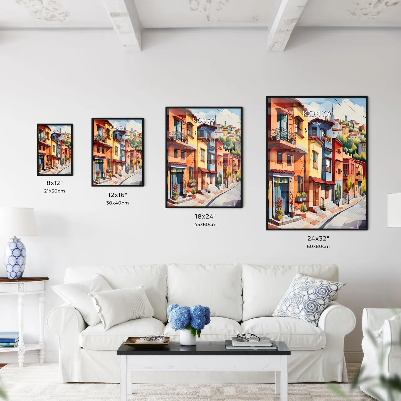 Konya, Turkey - Art print of a painting of a street with colorful buildings Size Chart
