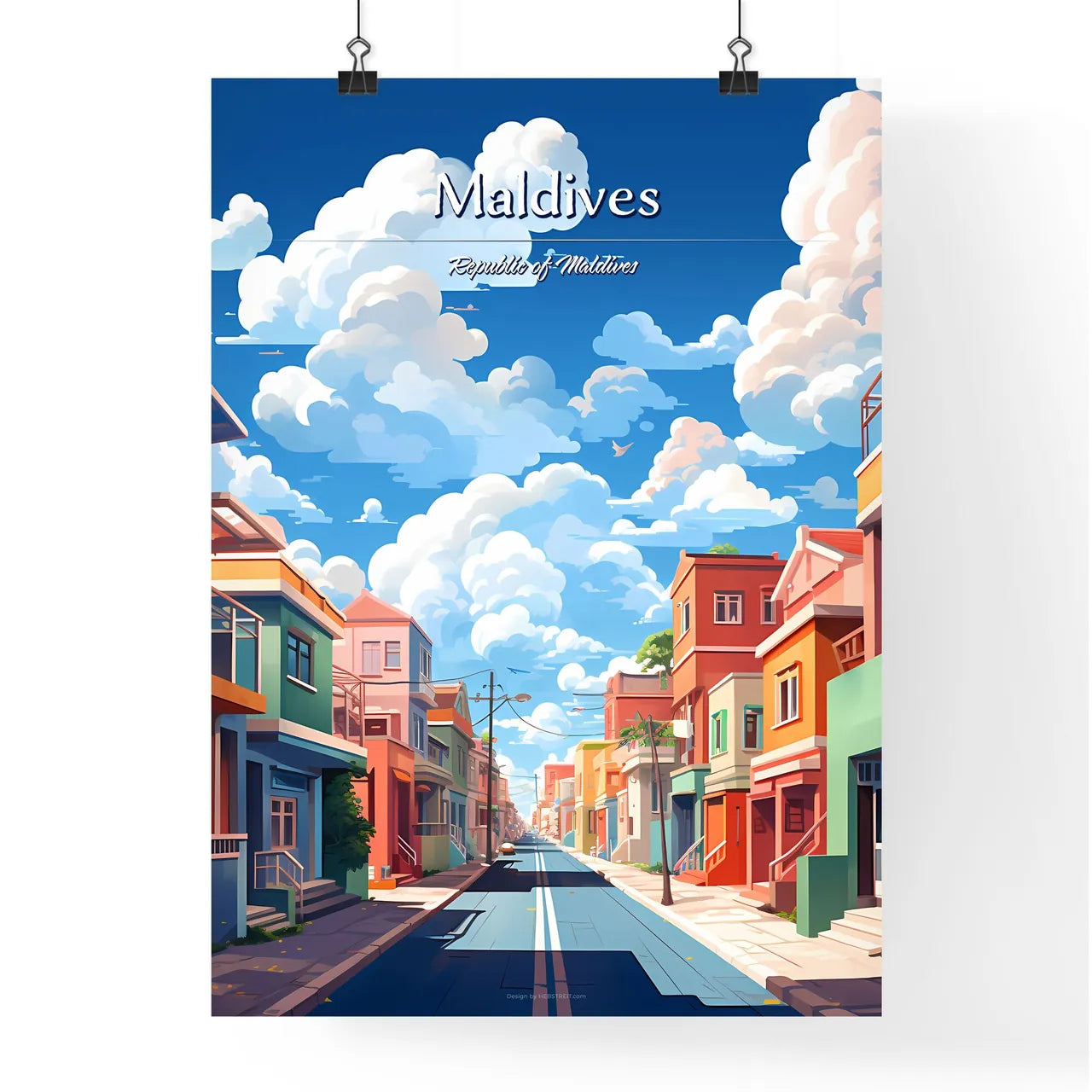 Maldives, Republic of Maldives - Art print of a street with colorful buildings and clouds in the sky Poster