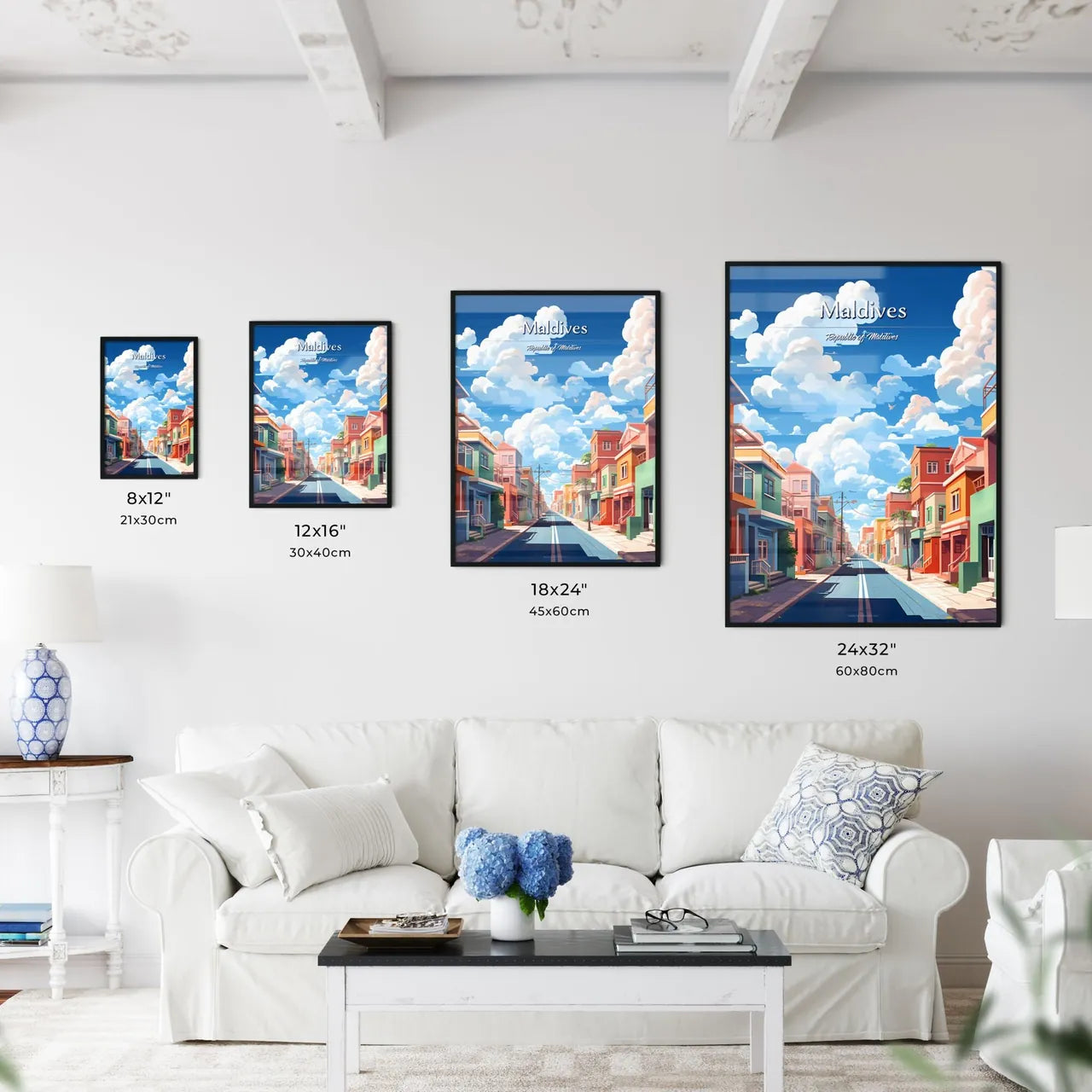 Maldives, Republic of Maldives - Art print of a street with colorful buildings and clouds in the sky Size Chart