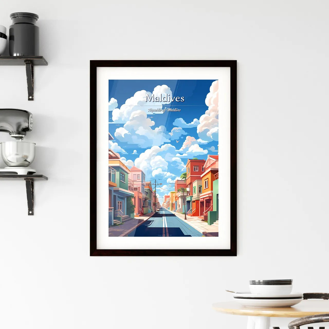 Maldives, Republic of Maldives - Art print of a street with colorful buildings and clouds in the sky Custom Print