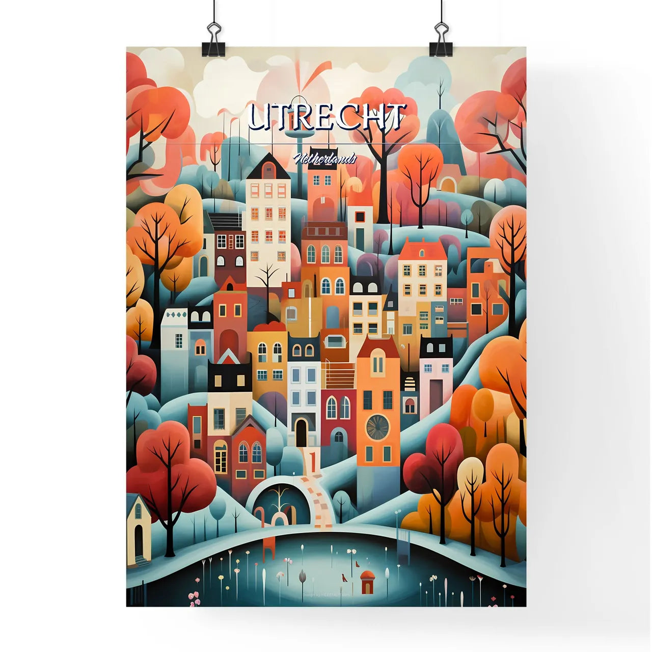 Utrecht, Netherlands - Art print of a painting of a city with trees and a bridge Poster