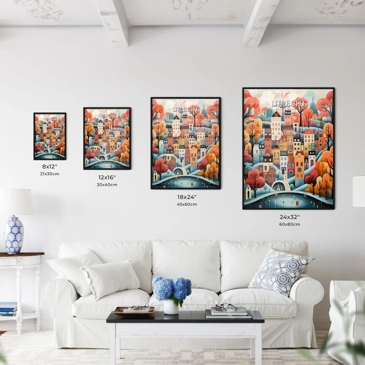 Utrecht, Netherlands - Art print of a painting of a city with trees and a bridge Size Chart