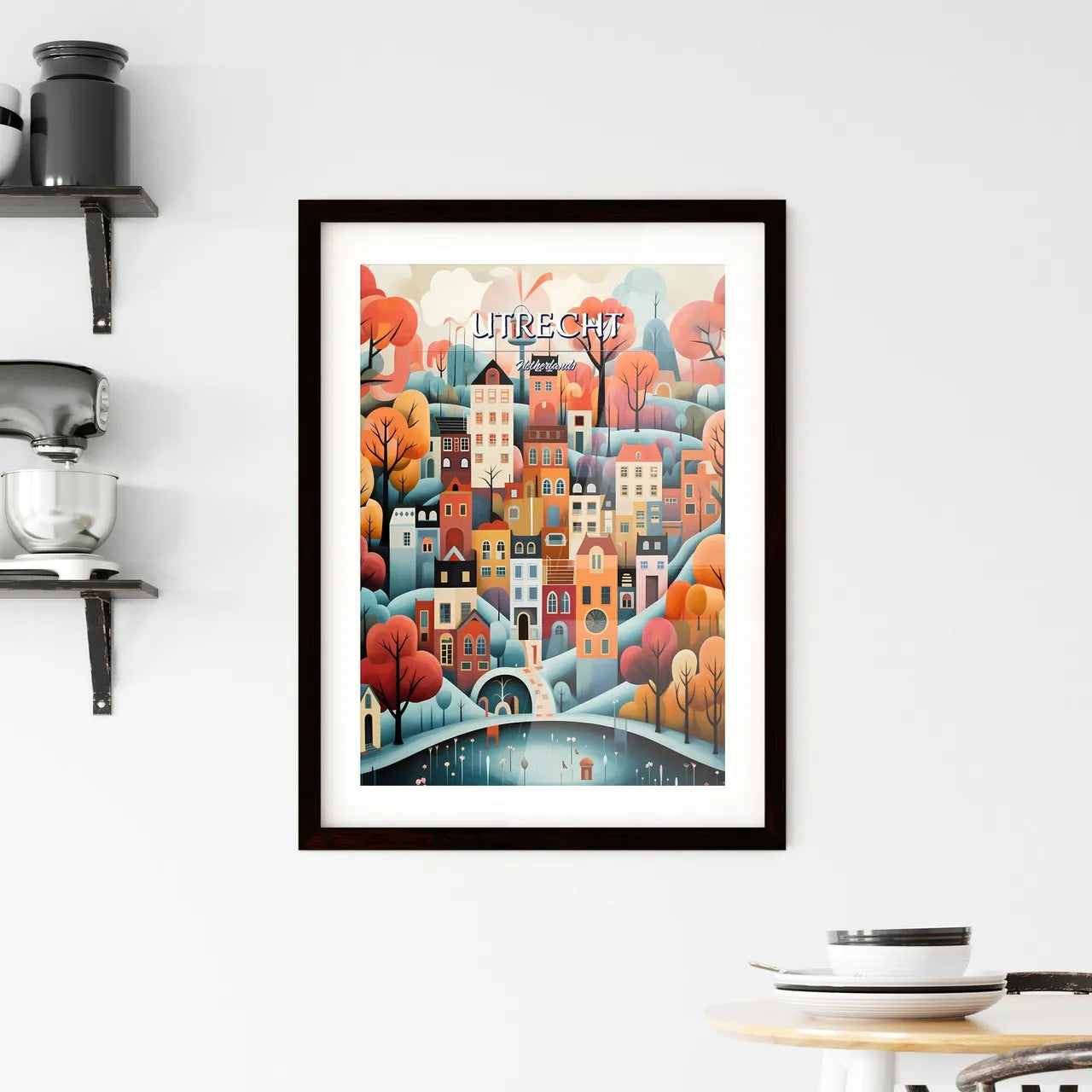 Utrecht, Netherlands - Art print of a painting of a city with trees and a bridge Custom Print