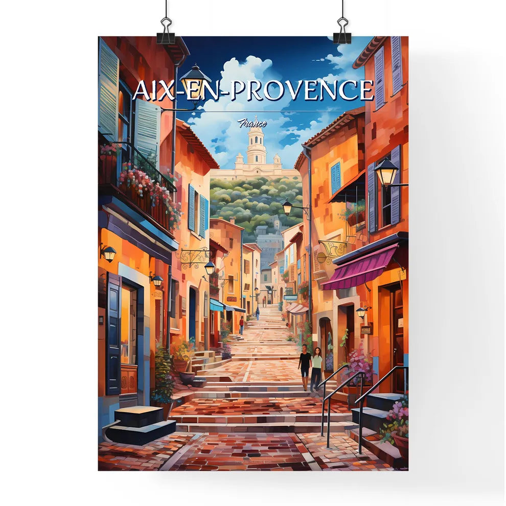 Aix-en-Provence, France - Art print of a street with buildings and a building in the background Poster