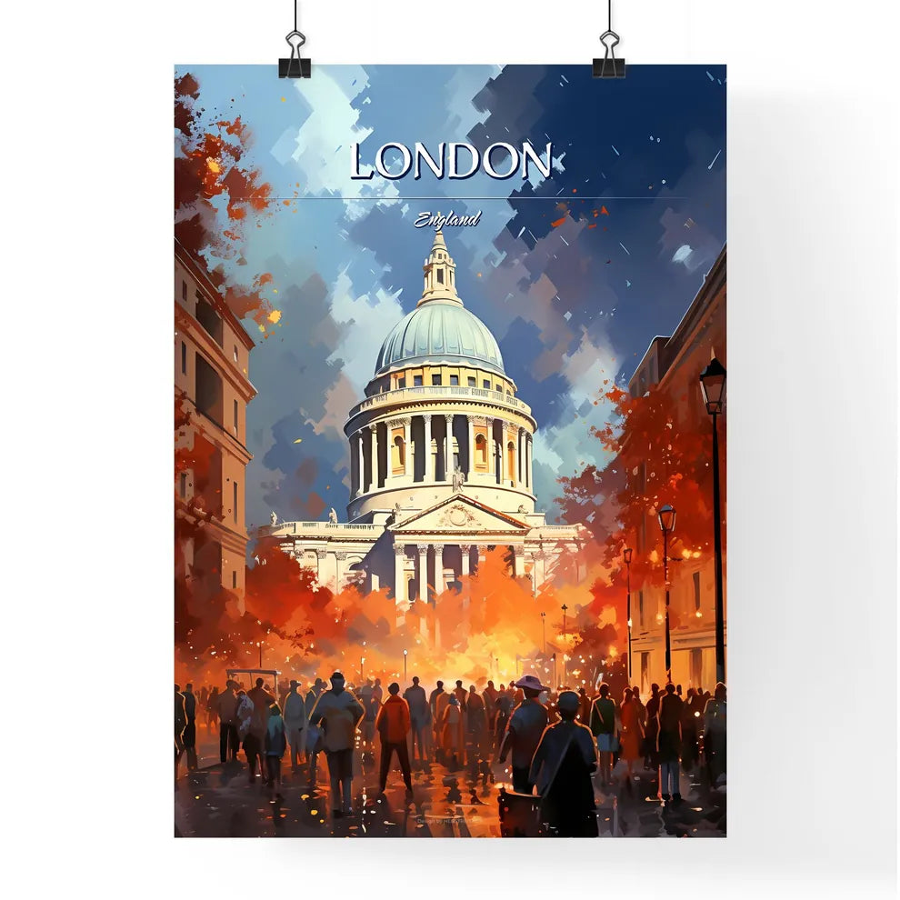London, England - Art print of a group of people walking in front of a large building Poster