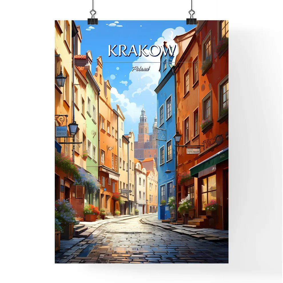 Krakow, Poland - Art print of a street with buildings and a tower in the background Poster