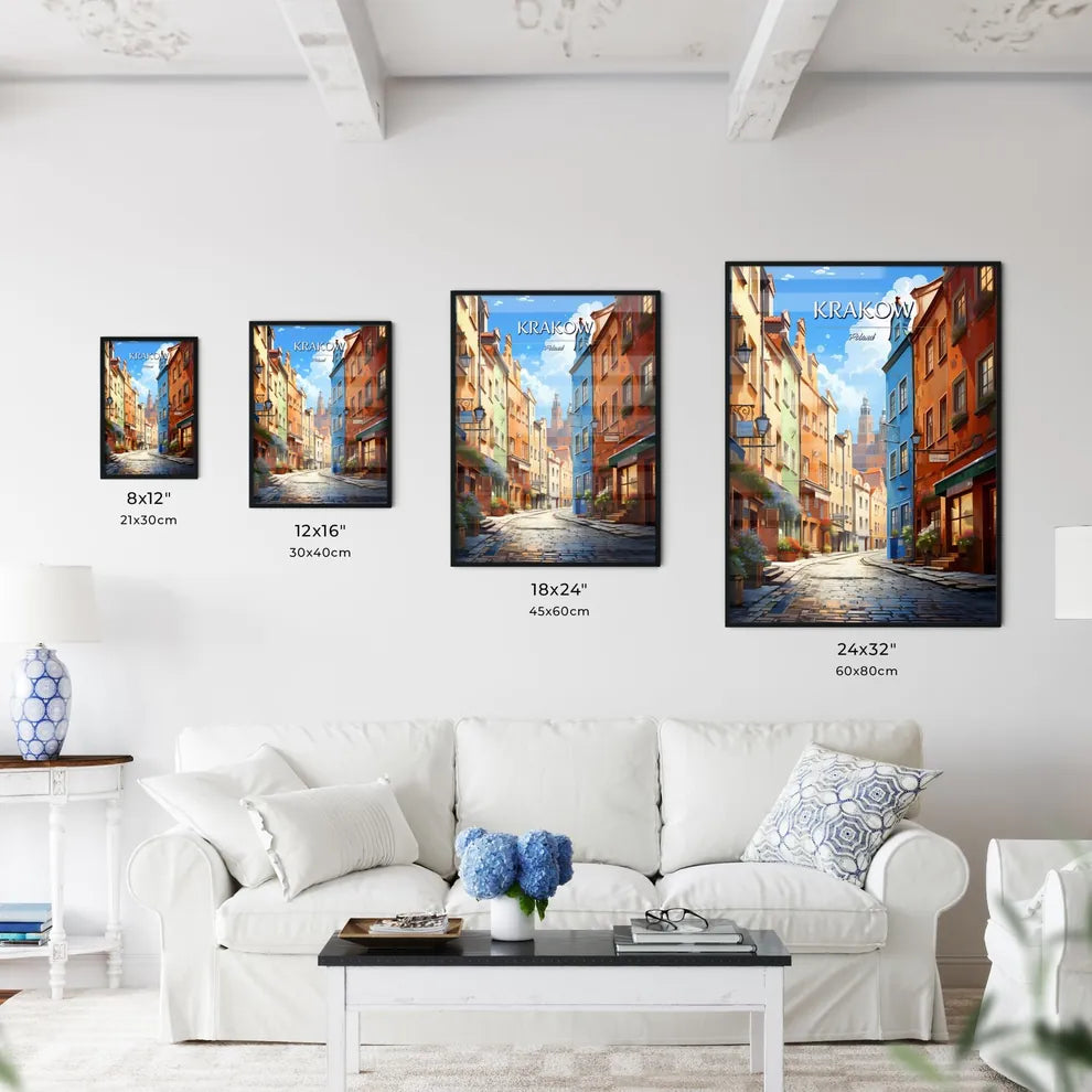 Krakow, Poland - Art print of a street with buildings and a tower in the background Size Chart