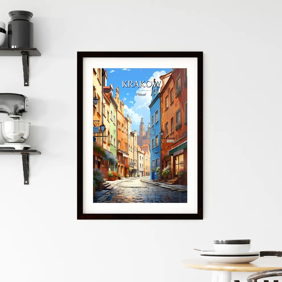 Krakow, Poland - Art print of a street with buildings and a tower in the background Custom Print
