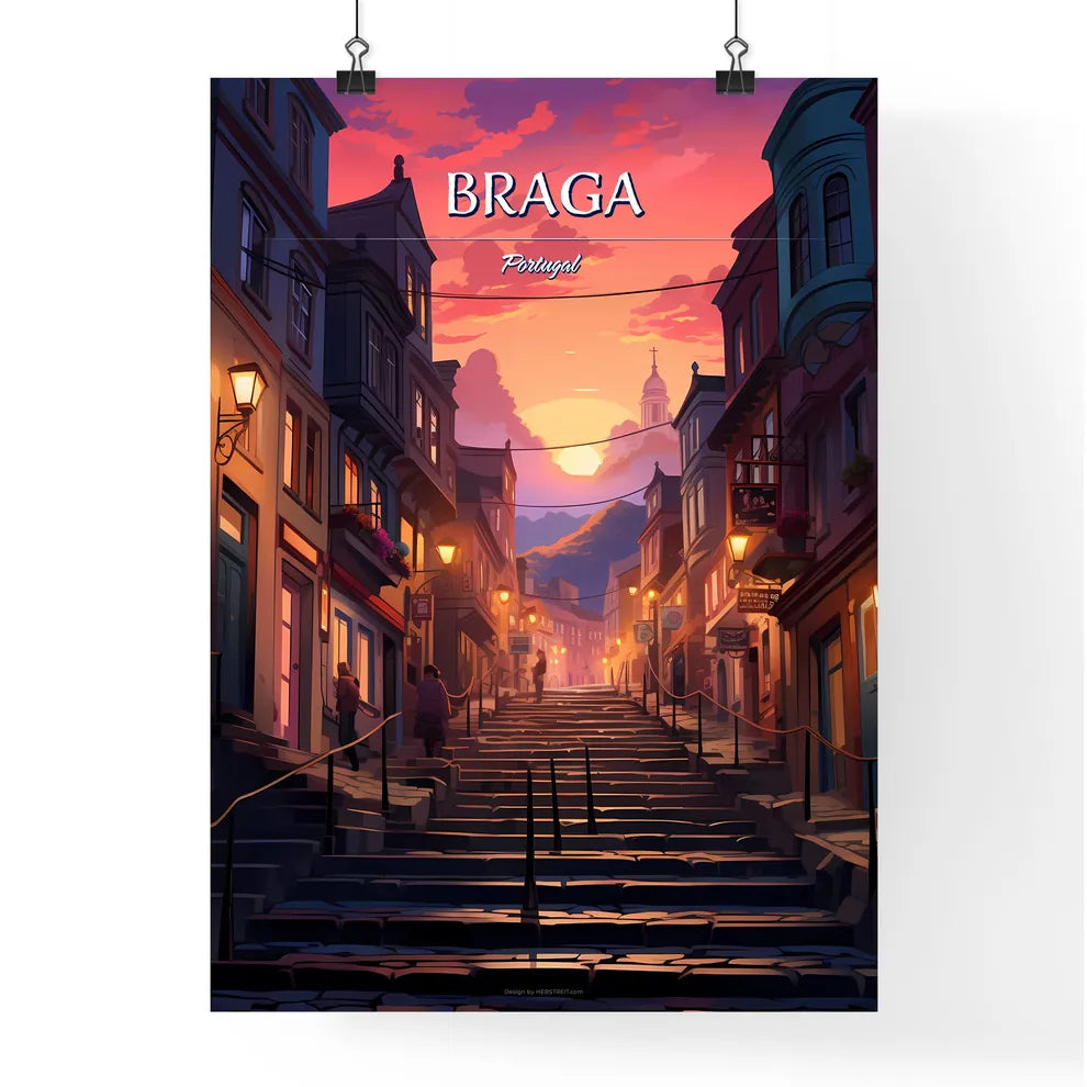 Braga, Portugal - Art print of a street with stairs and buildings Poster