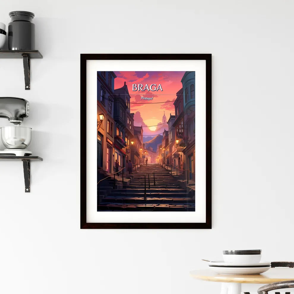 Braga, Portugal - Art print of a street with stairs and buildings Custom Print