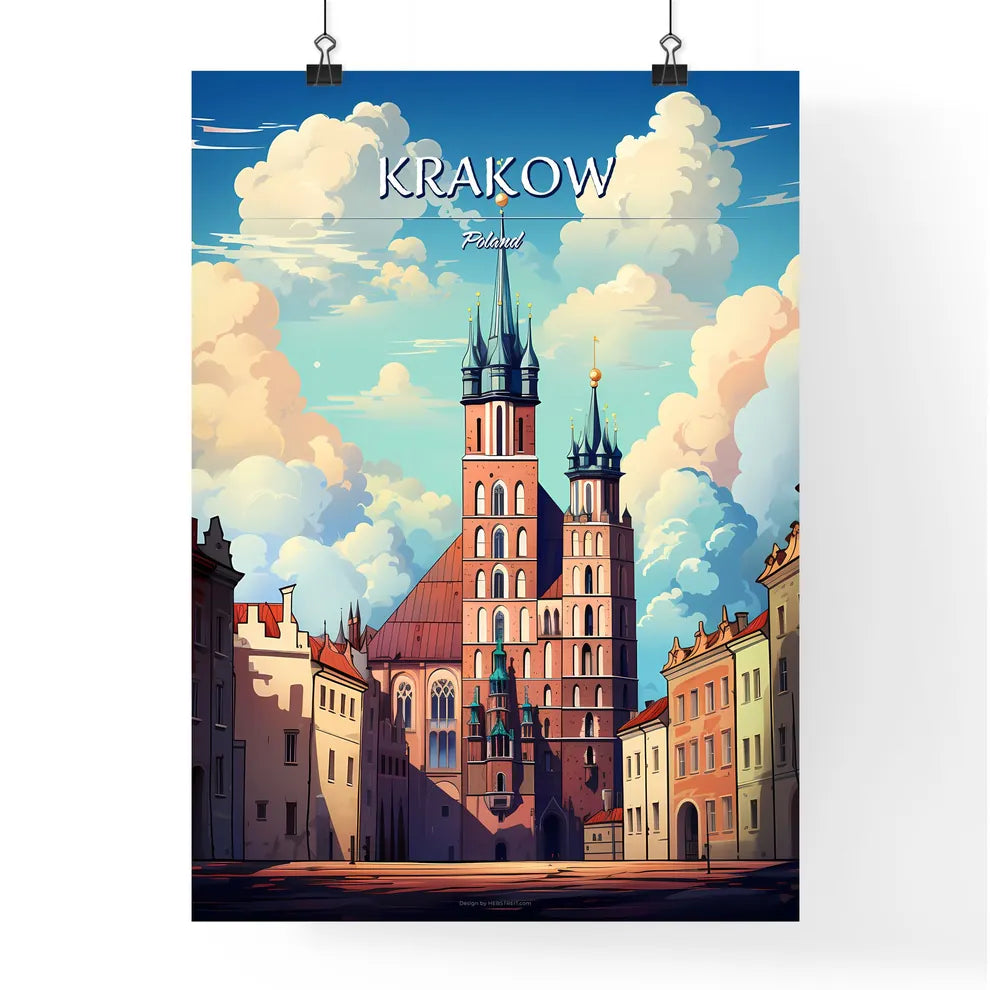 Krakow, Poland - Art print of a building with towers and a street in the background Poster