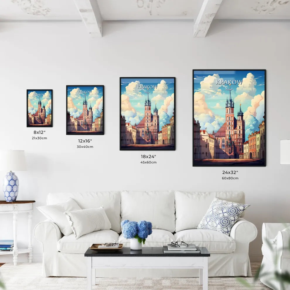 Krakow, Poland - Art print of a building with towers and a street in the background Size Chart