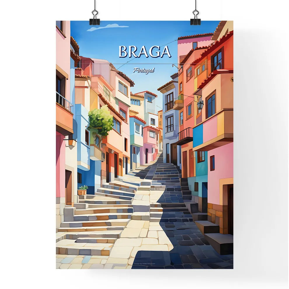 Braga, Portugal - Art print of a colorful buildings with stairs Poster
