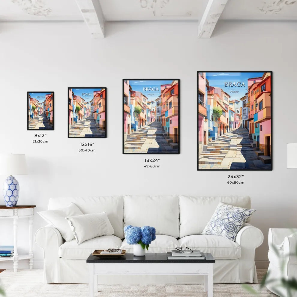 Braga, Portugal - Art print of a colorful buildings with stairs Size Chart