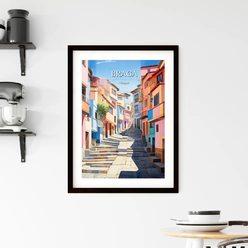 Braga, Portugal - Art print of a colorful buildings with stairs Custom Print