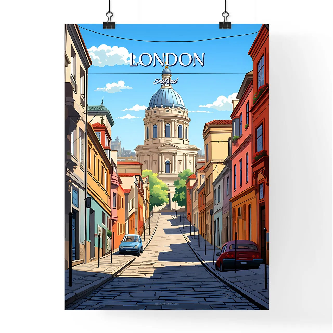 London, England - Art print of a street with cars and a building in the background Poster