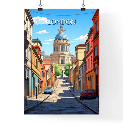 London, England - Art print of a street with cars and a building in the background