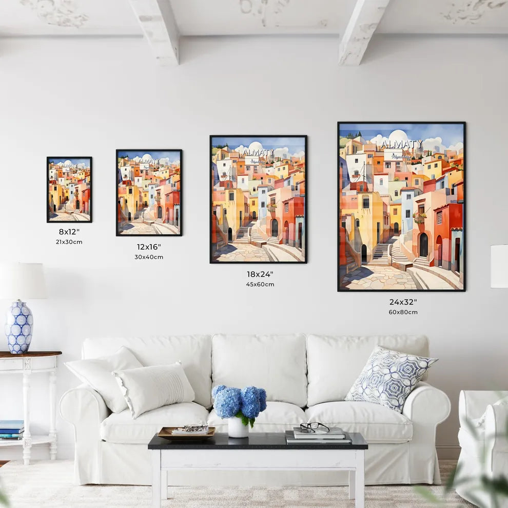 Almaty, Kazakhstan - Art print of a painting of a colorful city Size Chart