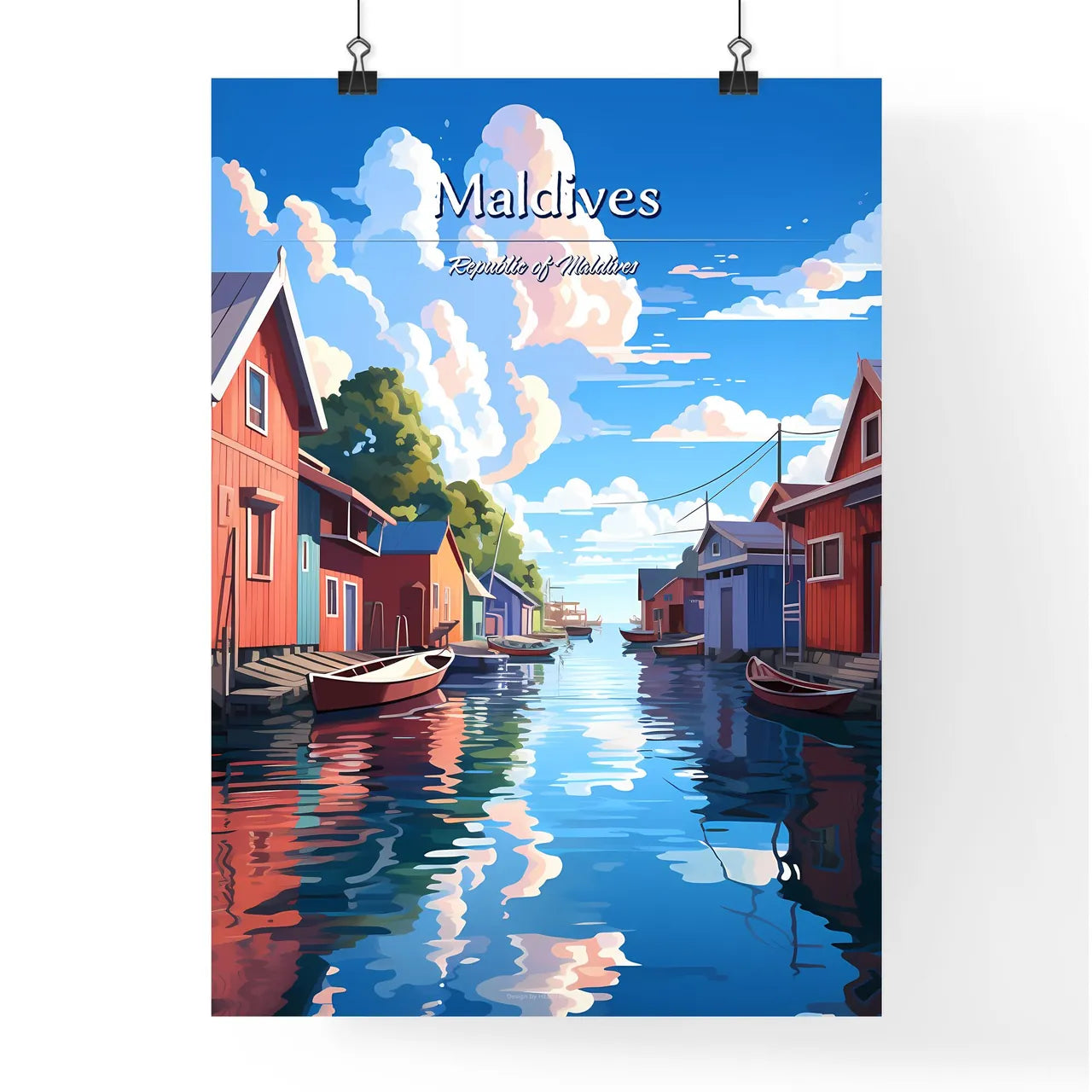Maldives, Republic of Maldives - Art print of a water way with boats and houses Poster